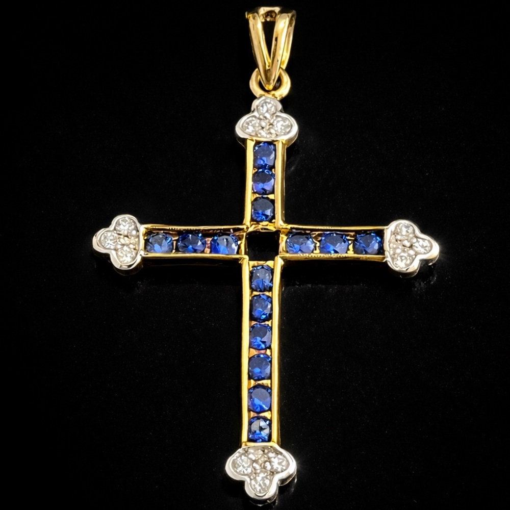 Natalie Wood Hollywood princess cut sapphire CZ diamond gold cross pendant HSN